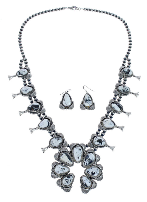 Navajo Genuine Sterling Silver White Buffalo Turquoise Squash Blossom Necklace Set JX127024